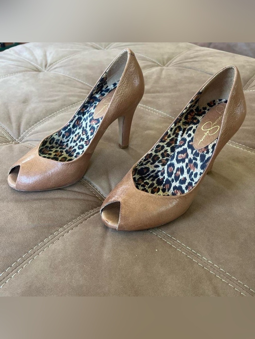 Jessica Simpson Tan Peep-Toe Pumps with Leopard Print Insole